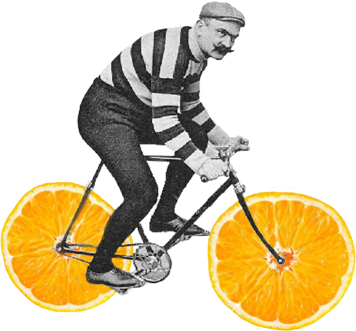 Vaudeville villain on a bike with orange slices for wheels